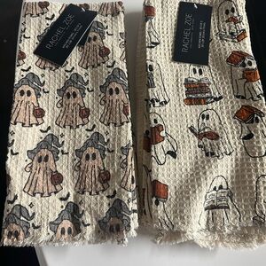 NWT RACHEL ZOE GHOST READING BOOK & PUMPKIN GHOST HALLOWEEN KITCHEN TOWELS